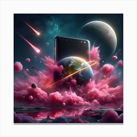 A Photo Realistic Mobile Phone As A Planet In Space With Pink Smoke And Explosions, With 2 Moons In The Background, Digital Art 2 Canvas Print