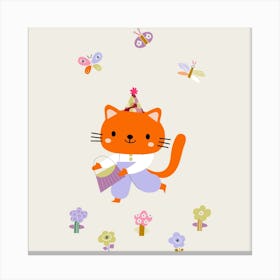 Cute cat with flowers and butterflies Canvas Print
