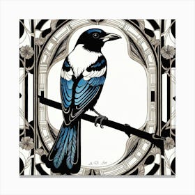 Black Ink Bird With Blue Contrast Color Illustration In Decorative Art Canvas Print