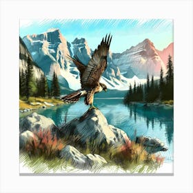 Landing Falcon by Lake Painting - Wild Bird Artwork 115 Canvas Print