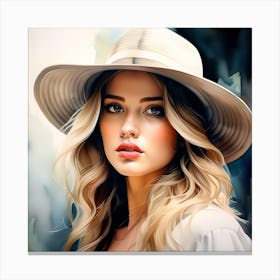 Beautiful Girl In White wearing a Hat -Watercolor Portrait Painting Canvas Print