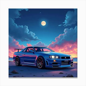 Nissan Gt R R34 With A Vivid Watercolor Night Sky, No Logo Or Signature 1 Canvas Print