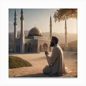 Man Praying In Front Of Mosque Canvas Print