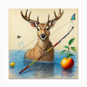 Deer With A Fishing Rod Trying To Catch 1 Canvas Print