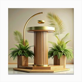 Wooden Display Stand With Plants And Hanging Bowl Canvas Print