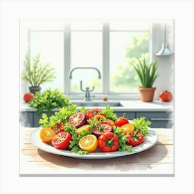 Watercolor Painting Of A Fresh And Vibrant Summer Vegetable Salad On A Modern Kitchen Countertop Canvas Print