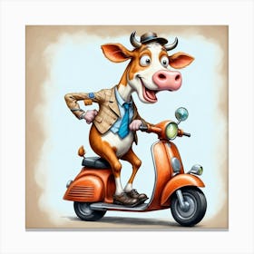 Cow On A Scooter 4 Canvas Print