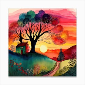 Watercolor Folk Art Sunset #1 Canvas Print