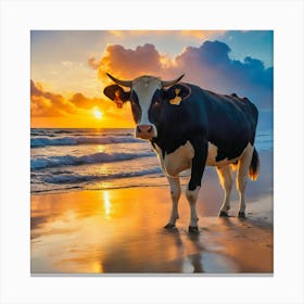 Cow On The Beach At Sunset Canvas Print