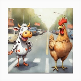 Chicken And Cow Crossing The Street Canvas Print