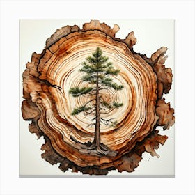 Watercolor Of An Ancient Gnarled Pine Tree Trunk Highlighted By Prominent Rings And Rough Texture Canvas Print