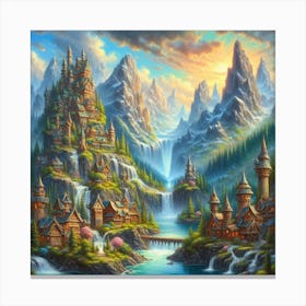 Fantasy Inspired Acrylic Painting Of A Whimsical Village Nestled Among Towering Mountains And Cascading Waterfalls, Style Fantasy Art Canvas Print