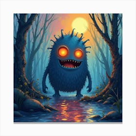 Monster With Glowing Eyes In A Colorful Watercolor Swamp 1 Canvas Print