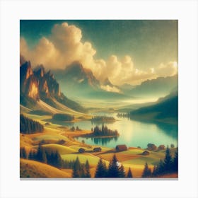 Landscape With Mountains And Lake Painting Canvas Print