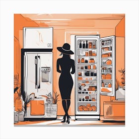 A Silhouette Of A Fridge Wearing A Black Hat And Laying On Her Back On A Orange Screen, In The Style Canvas Print