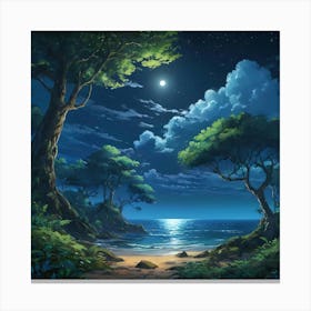 Moonlit Seashore Flanked by Lush Greenery on a Clear Night Canvas Print
