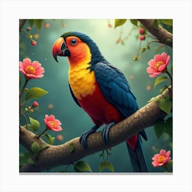 A Colorful Toucan Perched On A Branch, Surrounded By Surreal Floating Flowers And Vines Canvas Print