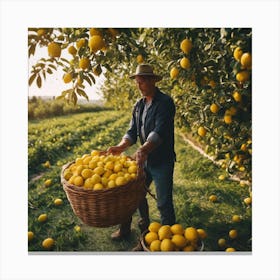 Farmer Picking Lemons In An Orchard 1 Canvas Print