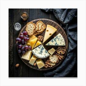 Artisan Cheese Board Gouda Wedges Brie Blocks Blue Cheese Mounds Arranged Spatially Grapes Clus Canvas Print