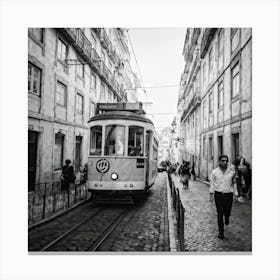 Black And White Photo Lisbons Vintage Tramway Weaving Through Narrow Historic City Streets Tram D (6) Canvas Print