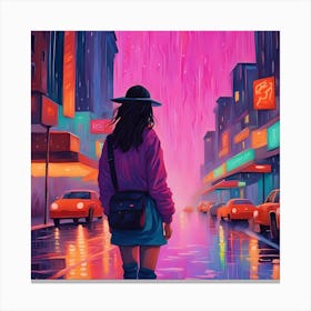 Neon Girl Walking In The Rain Canvas Print