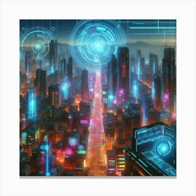Cyber Decay: A Dystopian Cityscape with Neon Lights and Holograms Canvas Print