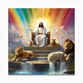 Jesus On Throne In Heaven Rainbow Sky and Animals Canvas Print