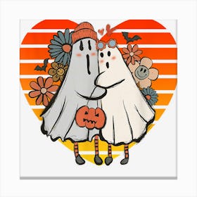 Cute Ghost Couple Under Full Moon For Women Halloween Heart Canvas Print