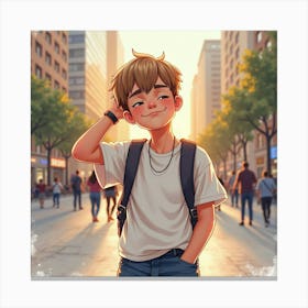 Justin Bieber, Playful And Carefree, Watercolor In A City Square At Dusk Canvas Print