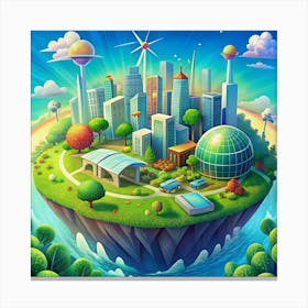 City On An Island With Wind Turbine And Domes Canvas Print