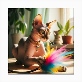 Sphynx Cat Playing With Feather Canvas Print