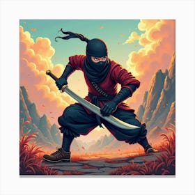 Ninja Slicing Through A Vibrant, Colorful Battlefield 1 Canvas Print