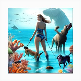 Woman Walking Her Dog In The Ocean Canvas Print