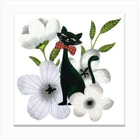 Elegant black cat with white flowers pet artwork Canvas Print