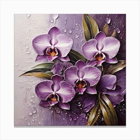 Purple orchid flower on tropical leaves in dew drops Canvas Print