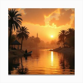 Luxurious Nile River Scene With Traditional Feluccas And Palm Trees At Sunset 1 Canvas Print