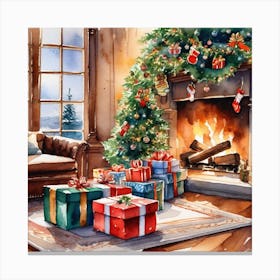 Christmas Presents In Front Of Fireplace 20 Canvas Print