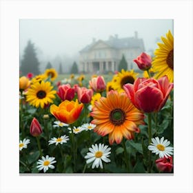 Blooming Flowers In Front Of A House Canvas Print