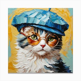 Oil painting of a fluffy kitten donning a beret and a round glasses, abstract background Canvas Print