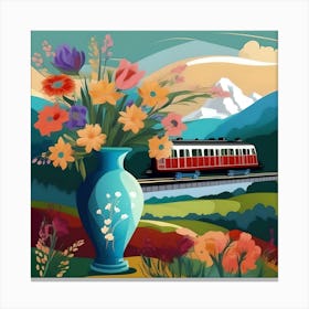 Flower Vase Decorated with Landscape and Train, Blue, Red and Green Canvas Print