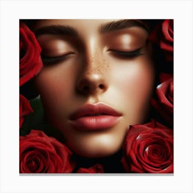 Beautiful Woman With Red Roses Canvas Print