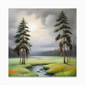 Stream With Pine Trees . Canvas Print