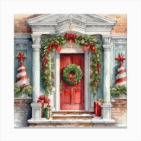 Christmas Decoration On Home Door Watercolor Trending On Artstation Sharp Focus Studio Photo In Canvas Print