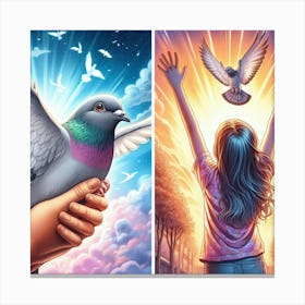 Pigeon And Girl Canvas Print