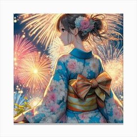 Japanese girl and fireworks 2 Canvas Print