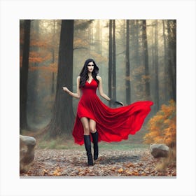 Beautiful Woman In Red Dress In The Forest Canvas Print