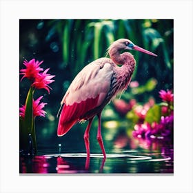 Jungle Bird with Pink Flowers and Flamboyant Plummage Canvas Print