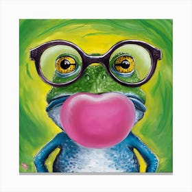 Frog With Big Bubblegum And Glasses Animal Art  Canvas Print