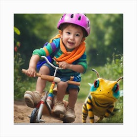 Little Boy Riding A Bike With A Stuffed Animal Canvas Print
