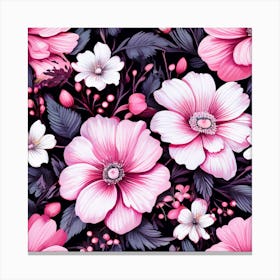 Floral Fantasia A Vibrant Pattern Bursting With Baby Pink White And Dark Pink f lowers Pink Flowers On Black Background Canvas Print